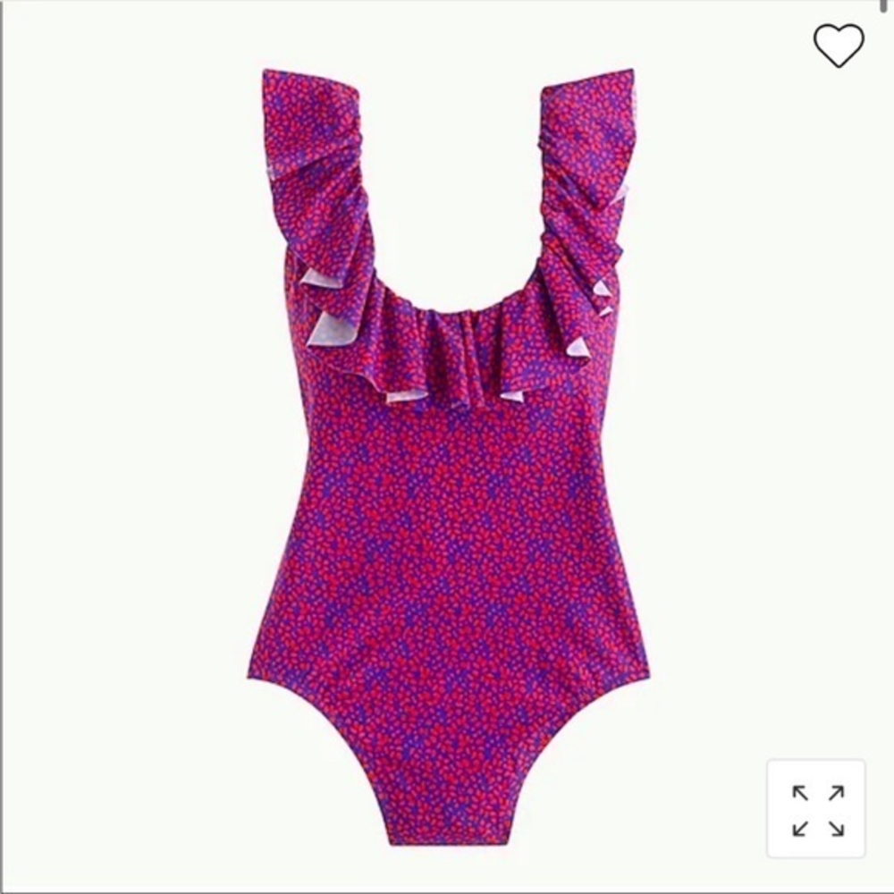 J.Crew one piece ruffle low back blue with small red leaf‎ pattern size 8